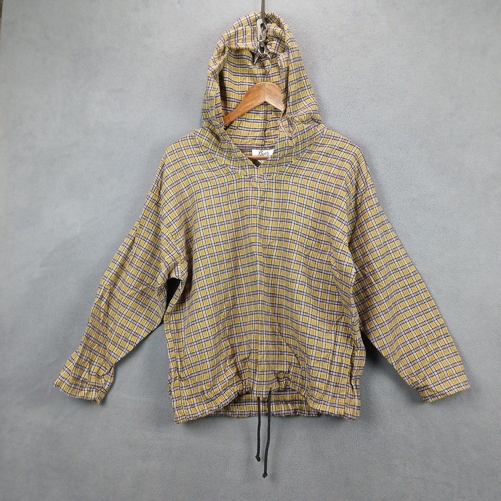 Byer California Hooded Shirt Women Medium Yellow Purple Checkered Drawstring Hem